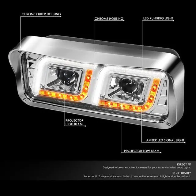 Alt view image 2 of 7 - DNA Motoring HL-HAY-001-CH For 1981-2019 Kenworth W900 T800 Western Star 4800 LED DRL+ Turn Signal+ Dual Projector Headlight Lamp 10 11 12 13 14 15 16 17 18