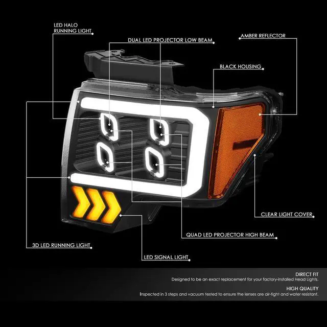 Alt view image 2 of 7 - DNA Motoring HL-LB-T8-F15009-BK-AM For 2009 to 2014 Ford F-150 Pair Black Housing Amber Corner LED DRL Tube Quad Projector Halo Headlight Lamps 10 11 12 13