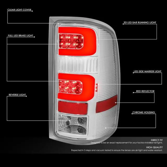 Alt view image 2 of 7 - DNA Motoring TL-GMCSIE07-LED-3D-CH-CL For 2007 to 2014 GMC Sierra Pair Chrome Housing 3D LED Bar Tail Light Rear Brake Lamps