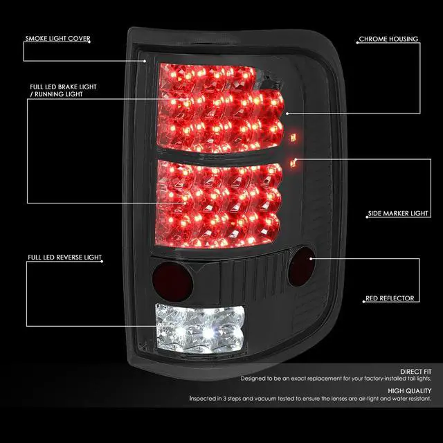 Alt view image 2 of 7 - DNA Motoring TL-F15004-LED-CH-SM For 2004 to 2008 Ford F150 / Lobo 2Pcs Chrome Housing Smoked Lens Full LED Tail Light Brake / Reverse Lamps