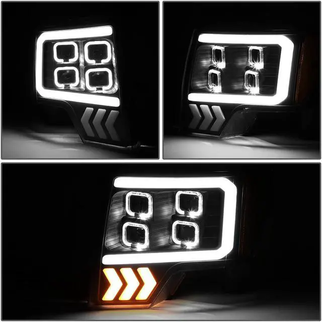Alt view image 3 of 7 - DNA Motoring HL-LB-T8-F15009-BK-AM For 2009 to 2014 Ford F-150 Pair Black Housing Amber Corner LED DRL Tube Quad Projector Halo Headlight Lamps 10 11 12 13