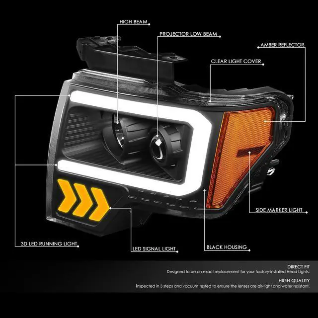 Alt view image 2 of 7 - DNA Motoring HL-LB-T2-F15009-BK-AM For 2009 to 2014 Ford F-150 Pair Black Housing Amber Corner LED DRL Arrow Turn Signal Projector Headlight Head Lamps 10 11 12 13