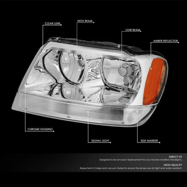 Alt view image 6 of 10 - DNA Motoring HL-OH-JGC99-CH-AM For 1999 to 2004 Jeep Grand Cherokee Chrome Housing Amber Corner Headlight Headlamps WJ 00 01 02 03 Left + Right