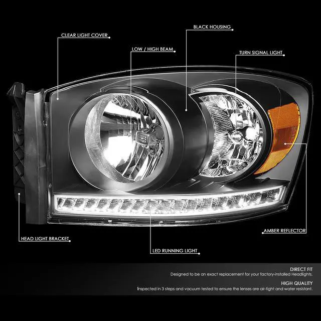 Alt view image 2 of 7 - DNA Motoring HL-LED-RM06-BK-AM For 2006 to 2009 Dodge Ram Truck 1500 2500 3500 Pair LED Strip DRL Front Driving Headlight Lamps Black Housing Amber Corner 07 08