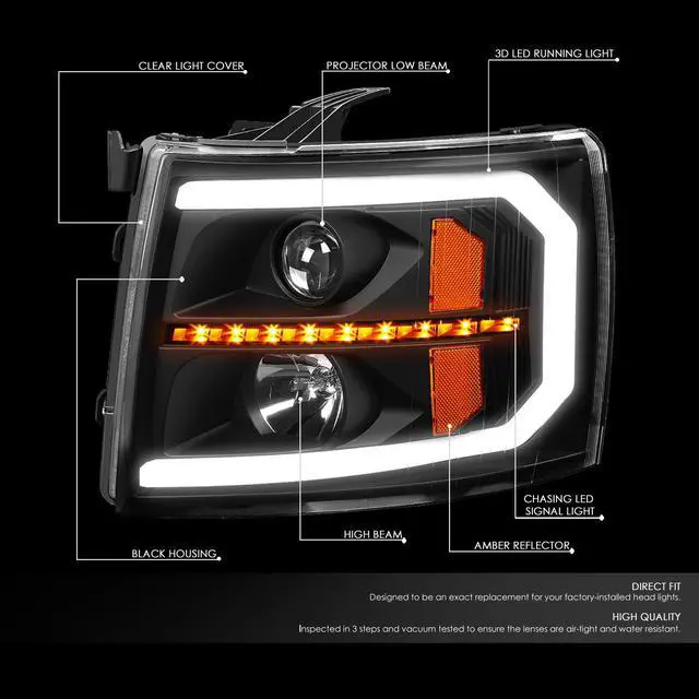Alt view image 2 of 7 - DNA Motoring HL-HPL-CSIL07-G3-BK-AM For 2007-2014 Chevy Silverado 1500 2500HD 3500HD LED DRL+ Sequential Turn Signal Projector Headlight Headlamp Smoked 08 09 10 11 12 13