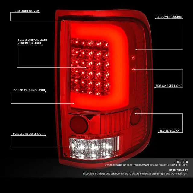 Alt view image 2 of 7 - DNA Motoring TL-F15004-LED-3D-RD-G2 For 2004 to 2008 Ford F150 / Lobo 2Pcs Chrome Housing Red Lens 3D LED Bar Tail Light Brake / Reverse Lamps