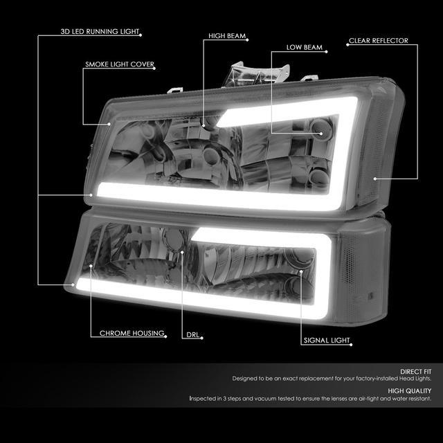 DNA Motoring HL-LB-CSIL03-SM-CL1 For 2003 to 2007 Chevy Silverado 1500 2500  3500HD Classic Avalanche Pair 3D LED DRL Bar Headlight + Bumper Lamps