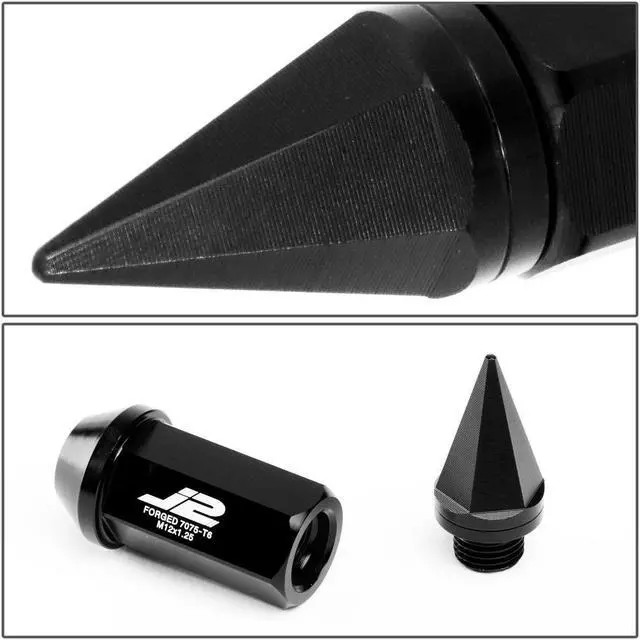 Alt view image 3 of 6 - J2 Engineering LN-T7-020-125-BK J2 Engineering 7075 -T6 Forged Aluminum M12 x 1.25 20Pcs 75mm Height Spiky Cap Lug Nut w/ Adapter Black
