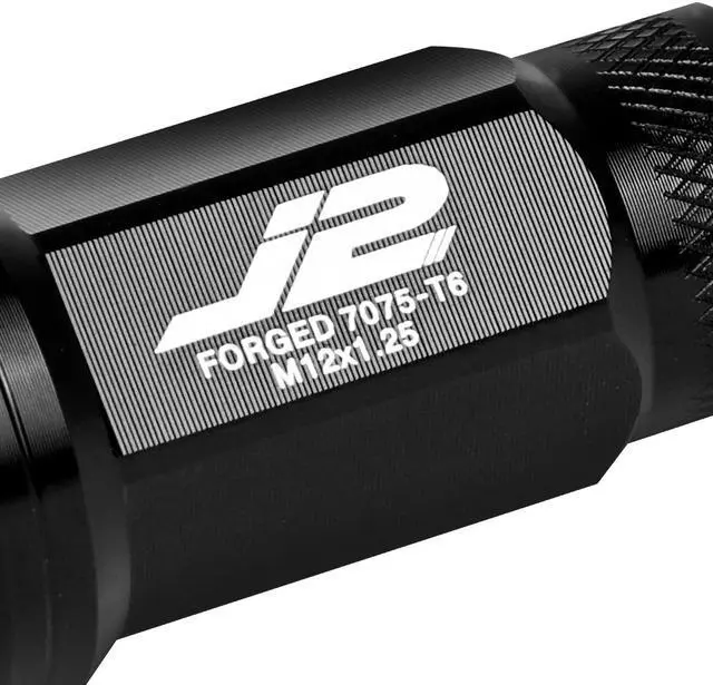 Alt view image 3 of 7 - J2 Engineering LN-T7-014-125-BK J2 Engineering 7075 -T6 Forged Aluminum M12 x 1.25 20Pcs 50mm Height Knurled Top Lug Nut w/ Adapter Black