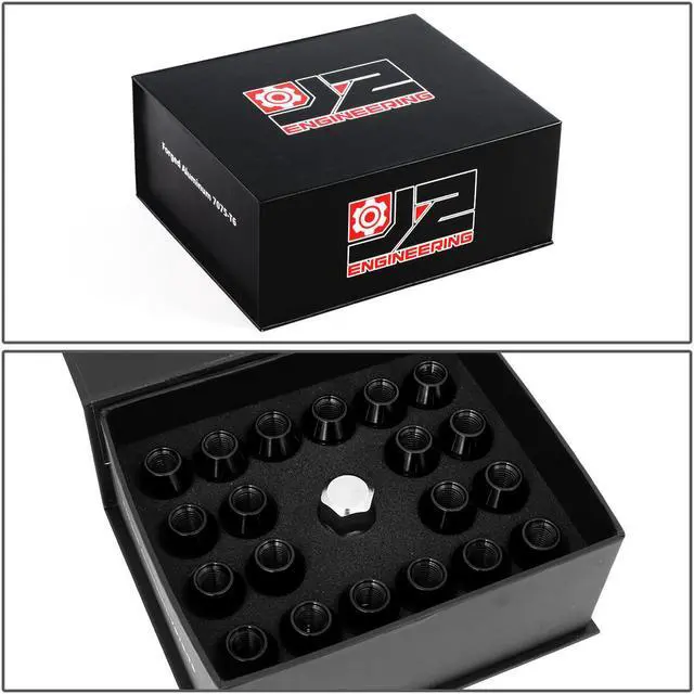 Alt view image 7 of 7 - J2 Engineering LN-T7-014-15-BK J2 Engineering 7075 -T6 Forged Aluminum M12 x 1.5 20Pcs 50mm Knurled Top Lug Nut w/ Adapter Black