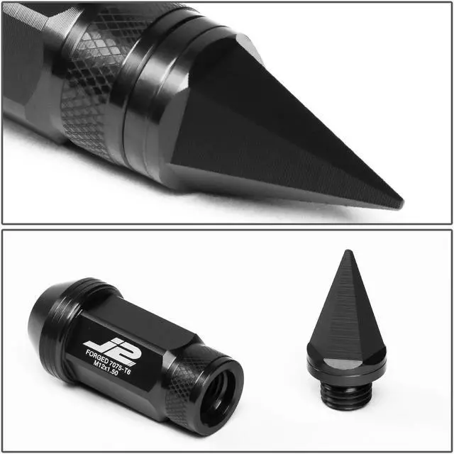 Alt view image 5 of 7 - J2 Engineering LN-T7-022-15-BK J2 Engineering 7075 -T6 Forged Aluminum M12X1.5 20Pcs 80mm Height Spiky Cap Lug Nut Set w/Adapter Key (Black)