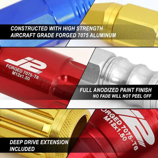 Alt view image 2 of 7 - J2 Engineering LN-T7-004-125-BK J2 Engineering 7075 -T6 Forged Aluminum M12 x 1.25 20Pcs 50mm Open -End Lug Nut w/ Socket Adapter Key ( Black )