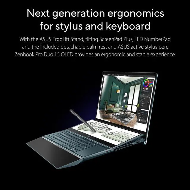 Alt view image 9 of 11 - ASUS ZenBook Pro Duo 15 OLED UX582 Laptop, 15.6 OLED 4K Touch Display, i7-12700H, 16GB, 1TB, GeForce RTX 3060, ScreenPad Plus, Windows 11 Home, Celestial Blue, UX582ZM-AS76T