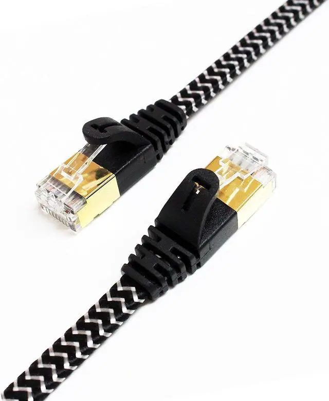 Main image of Tera Grand - CAT7 10 Gigabit Ethernet Ultra Flat Patch Cable for Modem Router LAN Network - Built with Gold Plated & Shielded RJ45 Connectors and Nylon Braided Jacket, 6 Feet Black & White