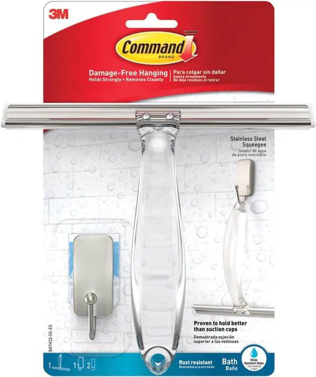 Main image of Command Bath Squeegee and Hook [Removable]: Stainless Steel and Satin Nickel (Silver)