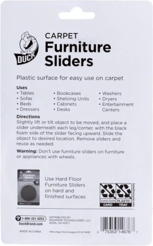Alt view image 2 of 7 - Duck Brand Plastic Carpet Furniture Sliders: 3-1/2 in. diameter / 4-pack (Brown)