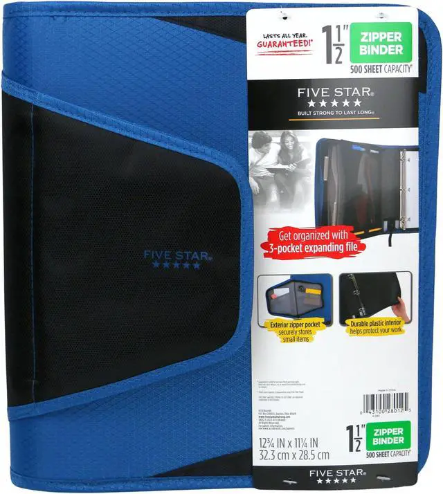Main image of Five Star 1-1/2 inch Zipper Binder [500 Sheet Capacity]: 3-pocket file (Blue)