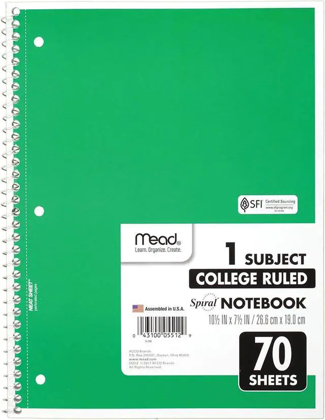 Main image of Mead 1-Subject Spiral Notebook [College Ruled]: 7-1/2 in. x 10-1/2 in. (Green) *70 sheets
