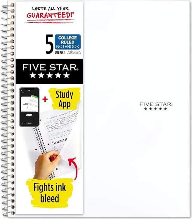 Main image of Five Star 5-Subject Spiral Notebook [College Ruled]: 8 in. x 0.319 yds. (White)