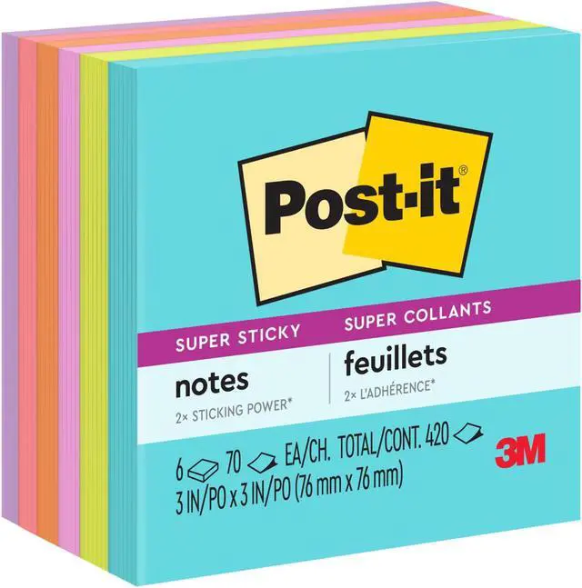 Main image of Post-it Super Sticky Notes: 3 in. x 3 in. (Supernova Neons Collection) *70-sheets per pad / 6-pack - OEM