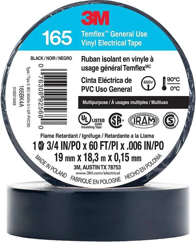 Alt view image 12 of 12 - 3M Temflex Vinyl Electrical Tape 165 Multi-purpose 3/4" X 60FT Black 10 Rolls
