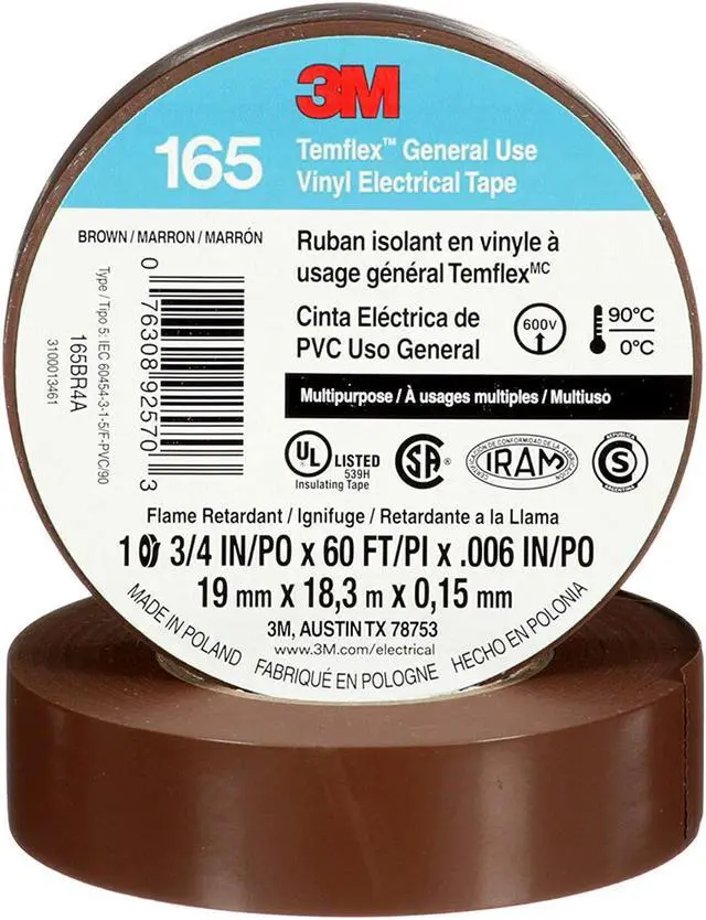 Main image of 3M Temflex Solvent-Free Vinyl Electrical Tape [6 mil] (165): 3/4 in. x 60 ft. (Brown) *10-pack