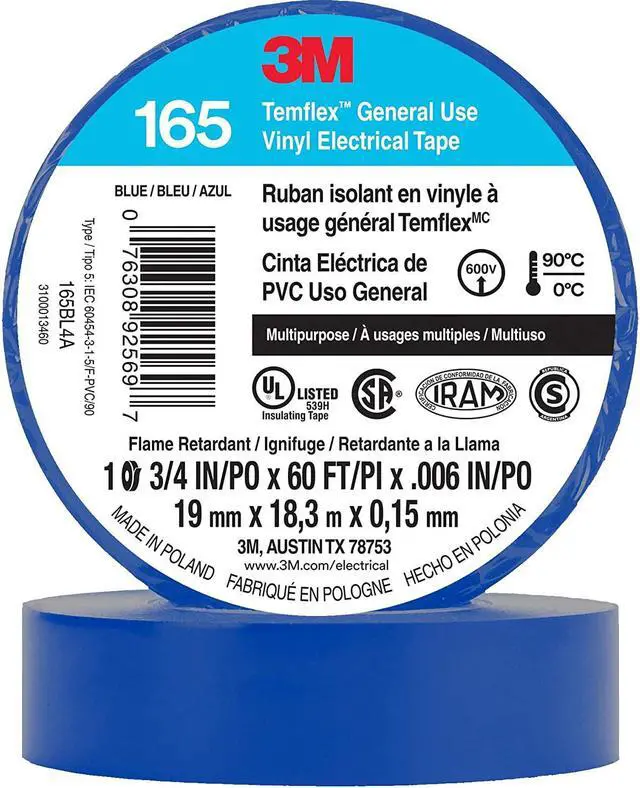 Main image of 3M Temflex Solvent-Free Vinyl Electrical Tape [6 mil] (165): 3/4 in. x 60 ft. (Blue) *10-pack
