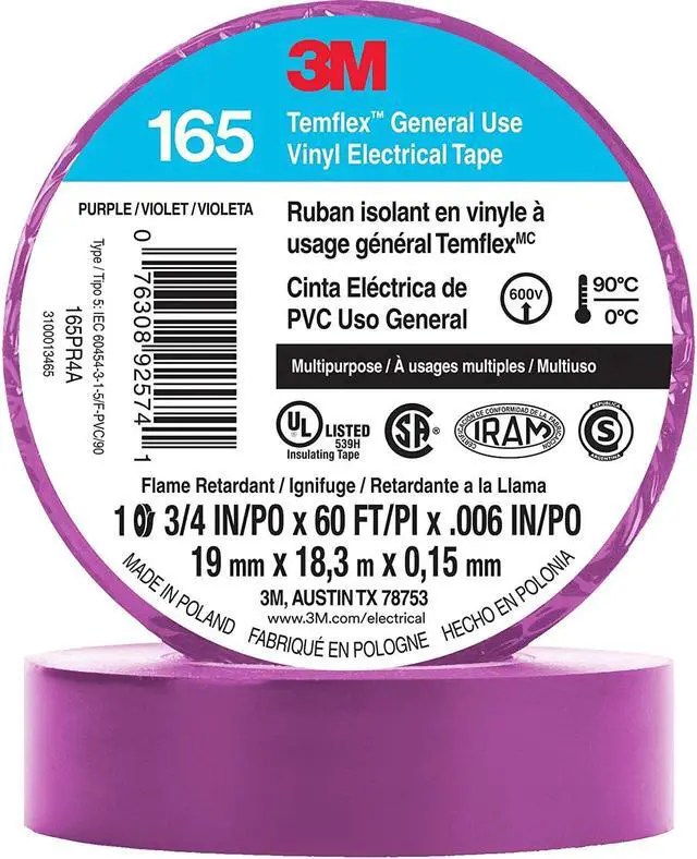 Main image of 3M Temflex Solvent-Free Vinyl Electrical Tape [6 mil] (165): 3/4 in. x 60 ft. (Purple) *10-pack