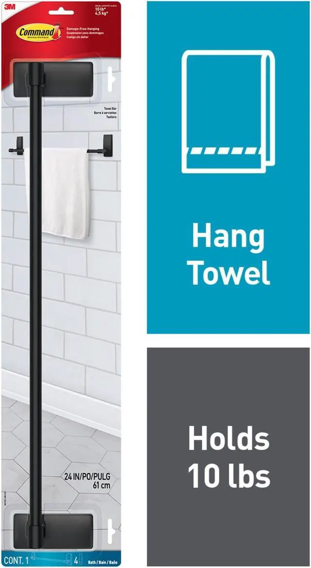 Alt view image 6 of 7 - Command Bath Towel Bar [Removable]: 24 in. width (Satin Nickel) *4 strips