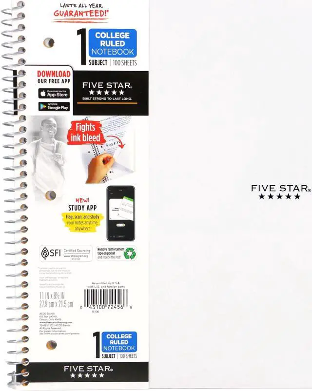 Main image of Five Star 1-Subject Spiral Notebook [College Ruled]: 8-1/2 in. x 11 in. (White)