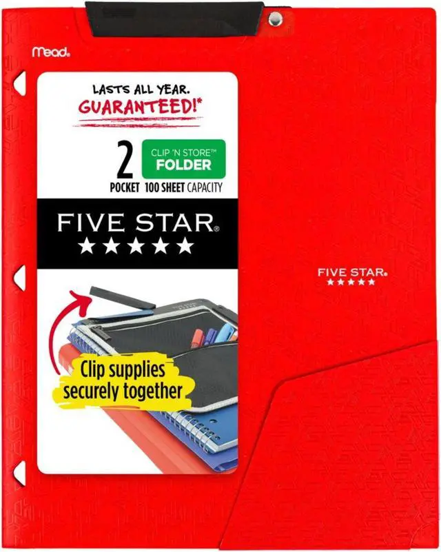 Main image of Five Star Clip 'N Store 2-Pocket Plastic Folder: 9-1/2 in. x 0.319 yds. (Fire Red)