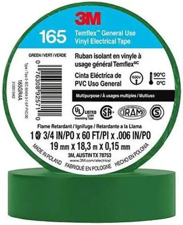 Main image of 3M Temflex Solvent-Free Vinyl Electrical Tape [6 mil] (165): 3/4 in. x 60 ft. (Green) *10-pack