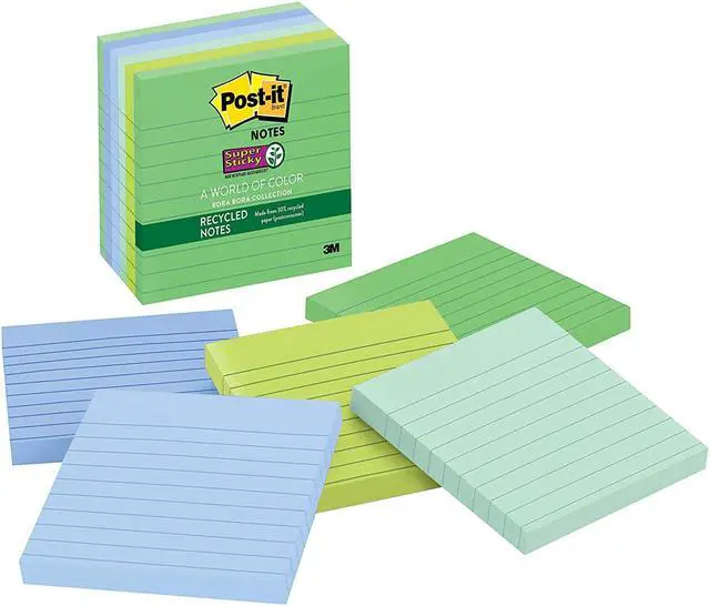 Main image of Post-it Recycled Notes [Super Sticky Lined]: 4 in. x 4 in. (Wanderlust Collection) *90-sheets per pad / 6-pack