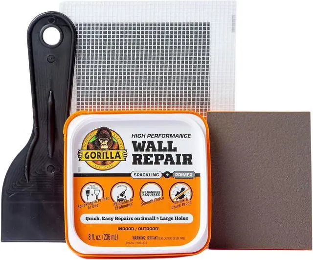 Alt view image 2 of 7 - Gorilla High Performance Wall Repair Spackling + Primer Kit: 8 oz. tub, 4 in. patch, 3 in. knife, sanding block (White)