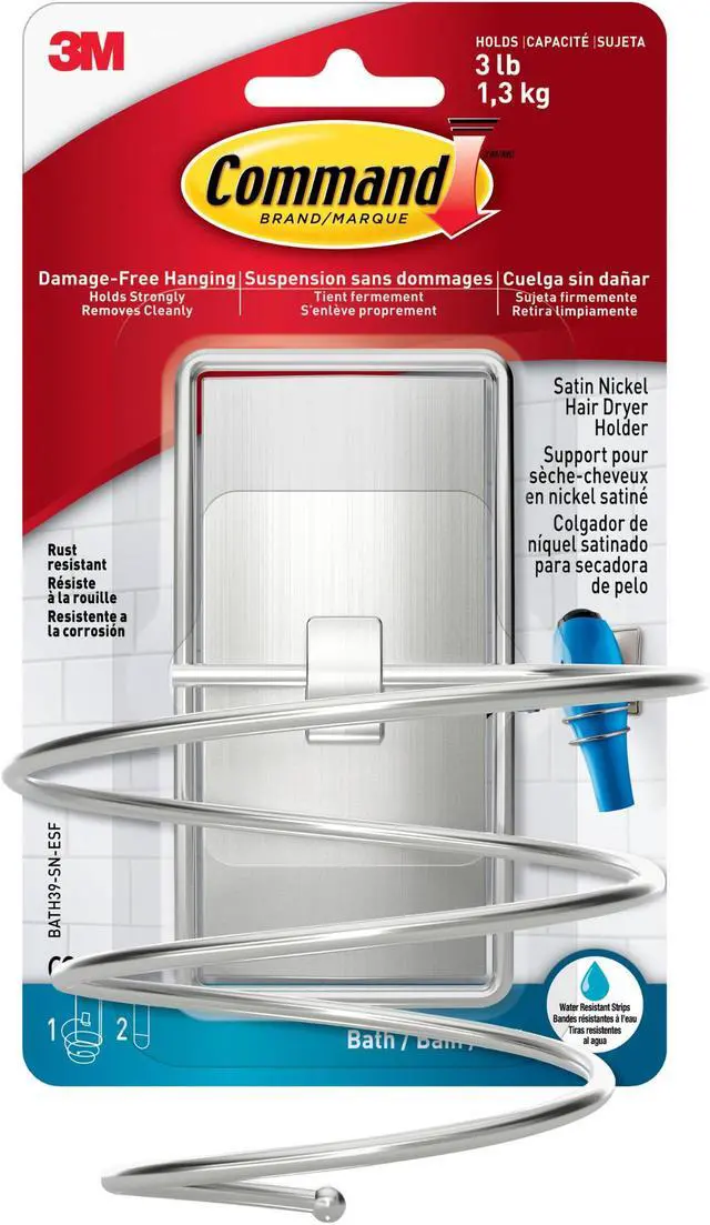 Main image of Command Hair Dryer Holder [Removable]: 1 Holder with Water Resistant Strips (Satin Nickel)
