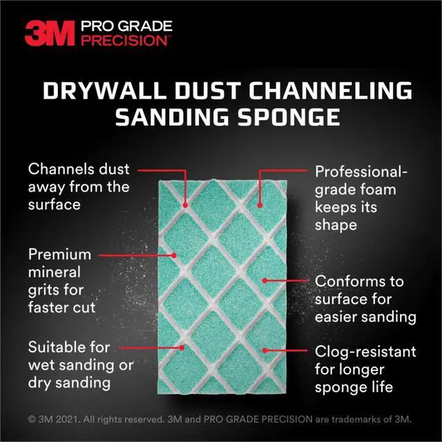 Alt view image 2 of 7 - 3M Pro Grade Precision Drywall Dust Channeling Sanding Sponge: 120-grit / fine (Teal)