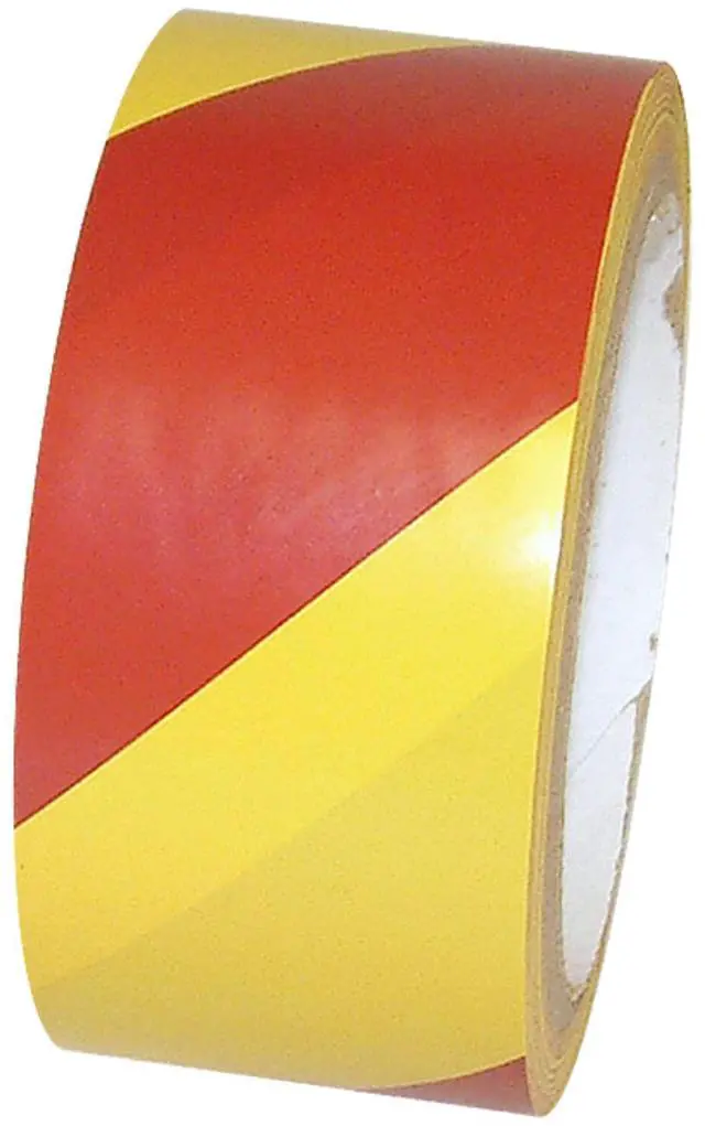 Main image of JVCC Hazard Warning Tape 6 mils thick: 2 in. (48mm actual) x 18 yds. (Magenta with Yellow stripes)