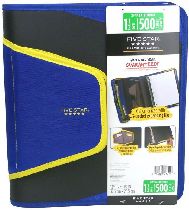 Main image of Five Star 1-1/2 inch Zipper Binder: 3-pocket file (Blue, Black & Yellow) 28012-BBY