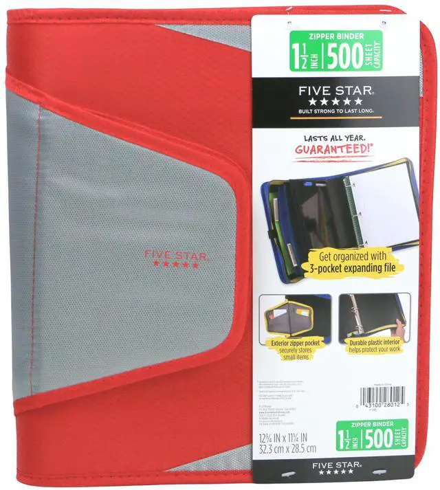 Main image of Five Star 1-1/2 inch Zipper Binder: 3-pocket file (Red & Grey) 28012-RG