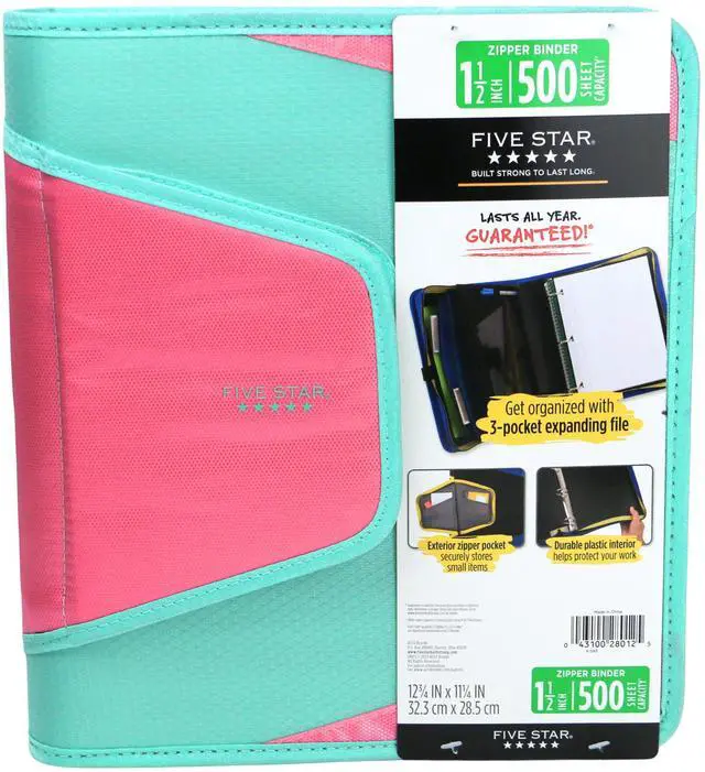 Main image of Five Star 1-1/2 inch Zipper Binder: 3-pocket file (Pink & Mint) 28012-PM