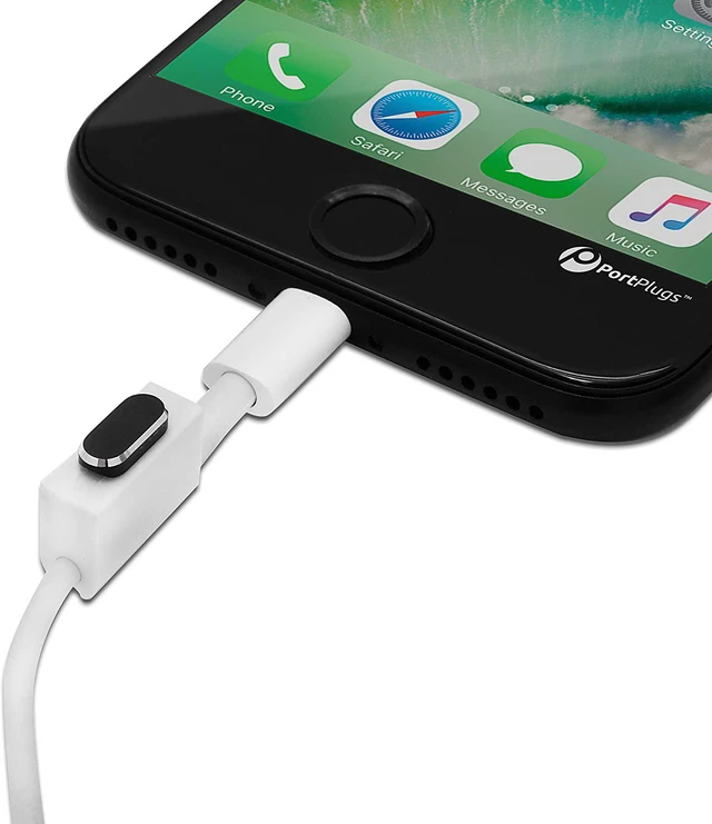 Alt view image 2 of 6 - PortPlugs Anti Dust Plugs (2 Pack) Aluminum - Compatible with iPhone 11, X, XS, XR, 8, 7, 6 Plus, Max, Pro - Includes Plug Holders and Cleaning Brush (Black)