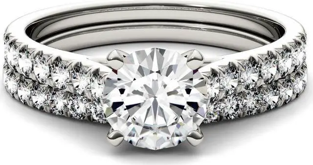 Alt view image 4 of 6 - 14K White Gold Moissanite by Charles & Colvard 6.5mm Round Bridal Set-size 6 1.61cttw DEW