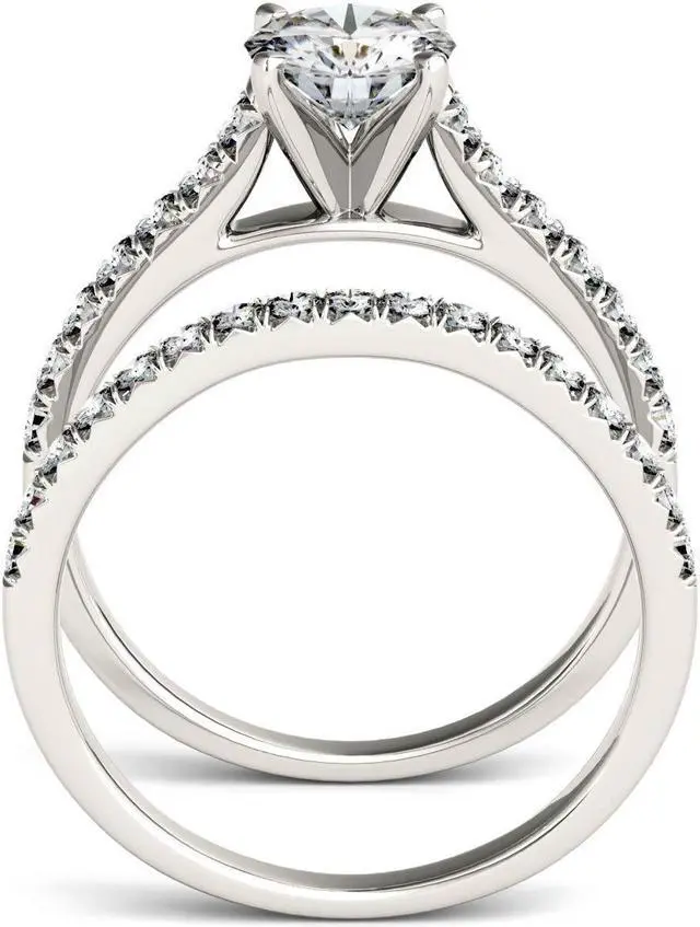 Alt view image 3 of 6 - 14K White Gold Moissanite by Charles & Colvard 6.5mm Round Bridal Set-size 6 1.61cttw DEW