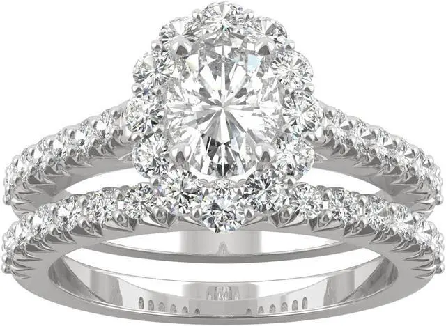 Main image of 14K White Gold Moissanite by Charles & Colvard 7x5mm Oval Halo Bridal Set-size 7 1.88cttw DEW