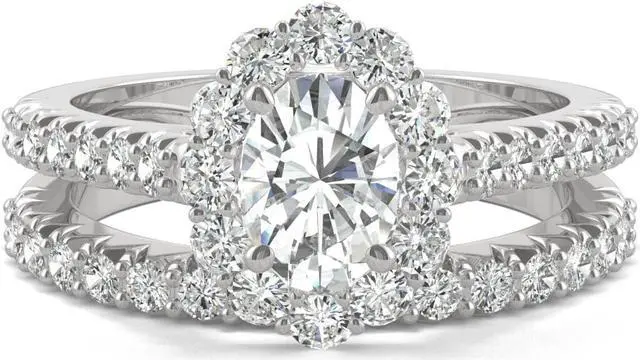 Alt view image 4 of 6 - 14K White Gold Moissanite by Charles & Colvard 7x5mm Oval Halo Bridal Set-size 7 1.88cttw DEW