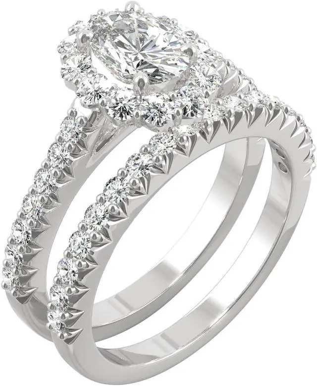 Alt view image 2 of 6 - 14K White Gold Moissanite by Charles & Colvard 7x5mm Oval Halo Bridal Set-size 7 1.88cttw DEW