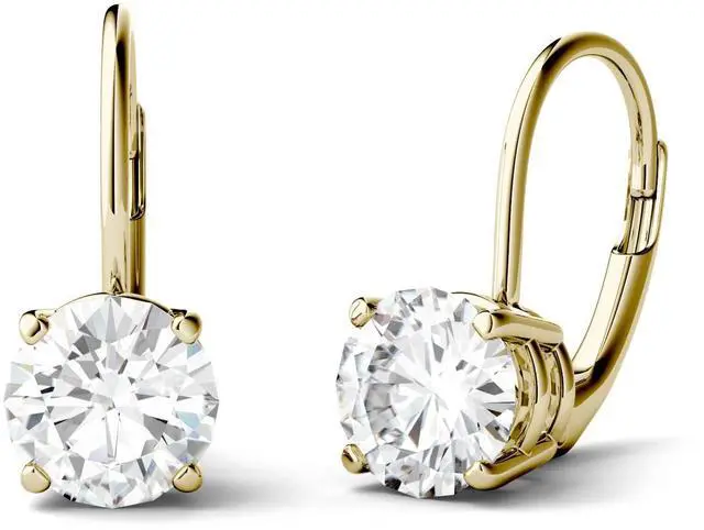 Alt view image 3 of 6 - 14K Yellow Gold Moissanite by Charles & Colvard 6.5mm Round Leverback Earrings, 2.00cttw DEW