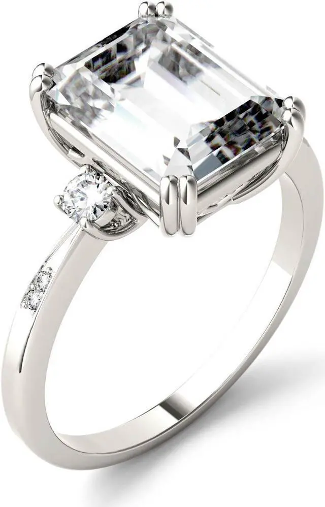 Alt view image 2 of 7 - 14K White Gold Moissanite by Charles & Colvard 10x8mm Emerald Fashion Ring-size 9 3.69cttw DEW