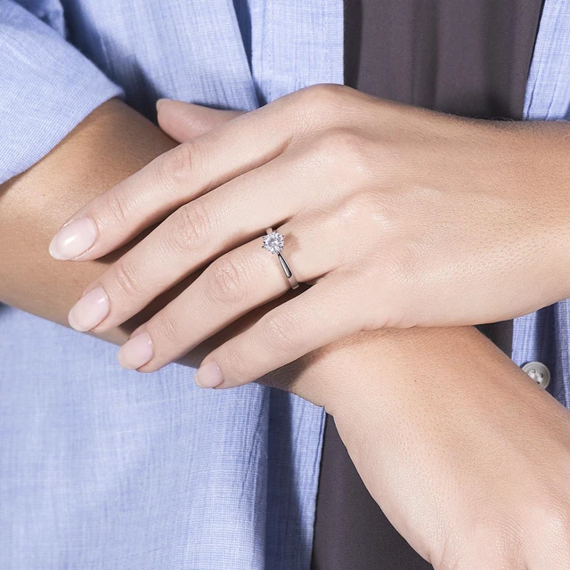 Alt view image 5 of 7 - White Gold 6.5mm Moissanite by Charles & Colvard 6-Prong Solitaire Engagement Ring-size 9 1ct DEW