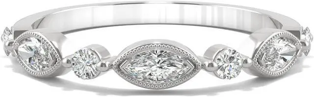 Alt view image 4 of 7 - 14K White Gold Moissanite by Charles & Colvard 4x2mm Marquise Milgrain Band-size 9 0.33cttw DEW